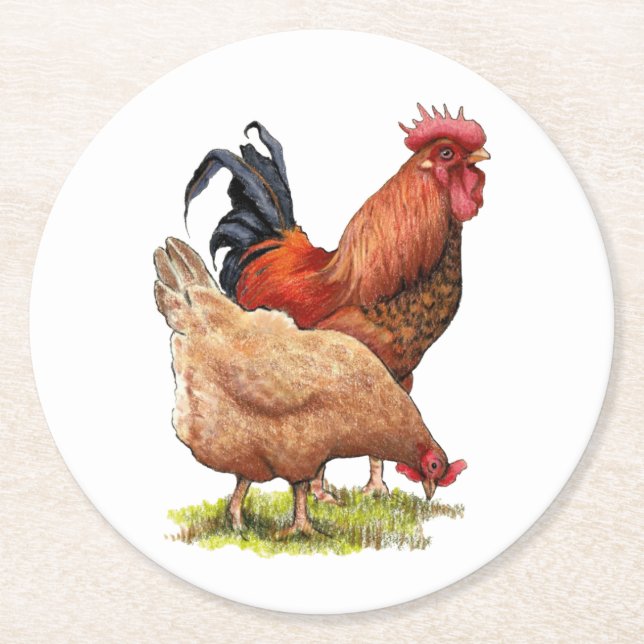 Porta-copo De Papel Redondo Chicken And Rooster Art, Poultry, Farm Animals (Frente)