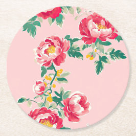 Porta-copo De Papel Redondo Chinoiserie Floral Rosa e Vermelho