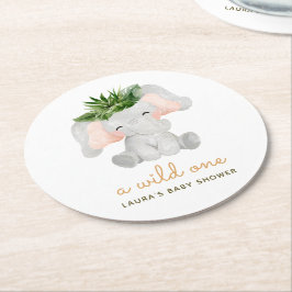 Porta-copo De Papel Redondo Chuva de Bebê Elefante Aquarela Folhas Tropicais