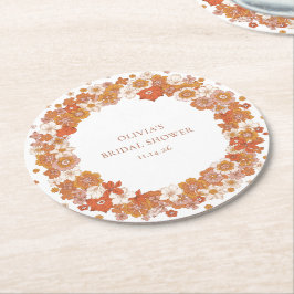 Porta-copo De Papel Redondo Chuveiro de Noiva Floral Laranja Boho Groovy Perso