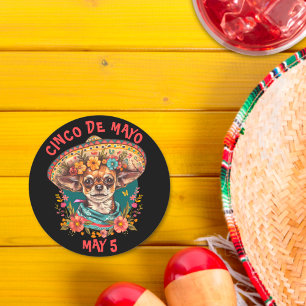 Porta-copo De Papel Redondo Cinco de Mayo Chihuahua Vestindo Sombrero & Serape