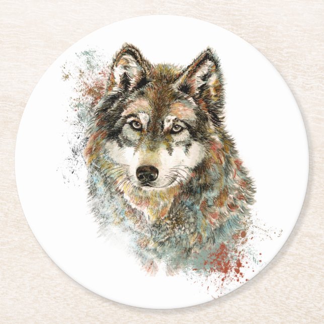 Porta-copo De Papel Redondo Cinza de Aquarelas Wolf Willife Animal Art (Frente)