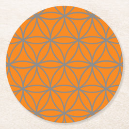 Porta-copo De Papel Redondo Cinza e Design de Flor de Lotus Gráfico Laranja