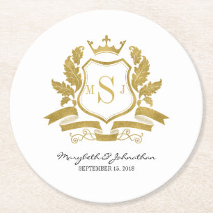 Porta-copo De Papel Redondo Clássico Faux Dourado Crest Porta copos de Casamen