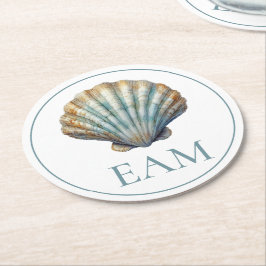 Porta-copo De Papel Redondo Coastal Blue Scallop Seashell Monogram