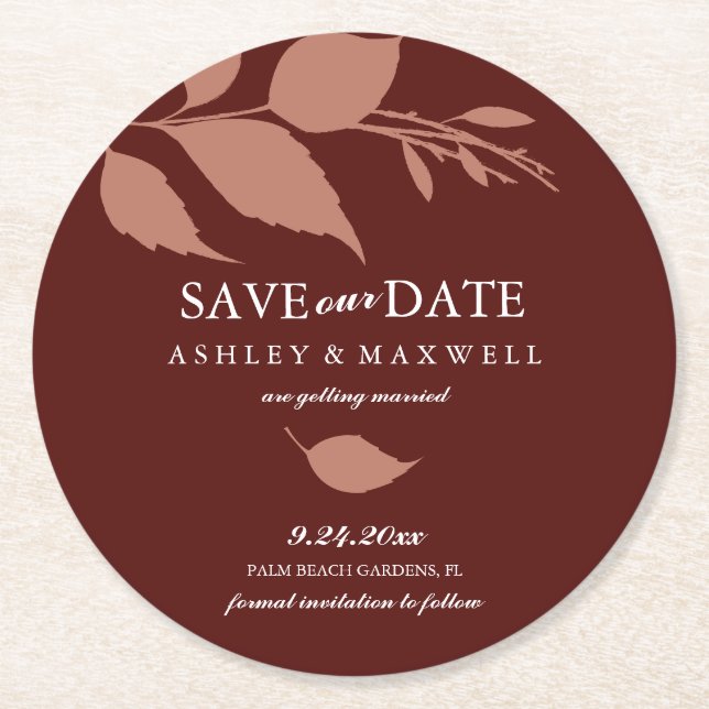 Porta-copo De Papel Redondo Coaster Casamento Save The Date Marrom (Frente)