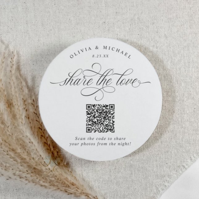 Porta-copo De Papel Redondo Código QR de Compartilhamento de Fotos de Casament (Elegant black and white wedding QR code coaster with calligraphy for guest photo sharing.)