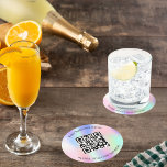 Porta-copo De Papel Redondo Código qr do menu do restaurante holográfico do ba<br><div class="desc">Fundo holográfico,  rosa,  roxo e verde de menta. Personalize e adicione seu nome comercial,  seu próprio código qr e um texto. Texto preto.</div>