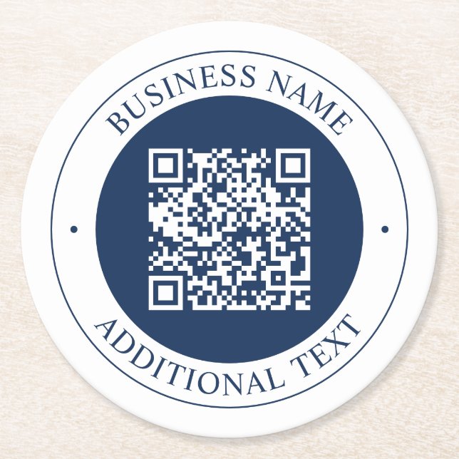 Porta-copo De Papel Redondo Código QR & Texto personalizáveis | Azul-marinho e (Frente)