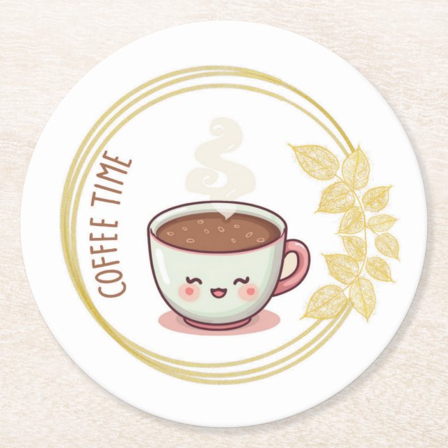 Porta-copo De Papel Redondo Coffee Time with Gold Leaf Coaster  (Frente)