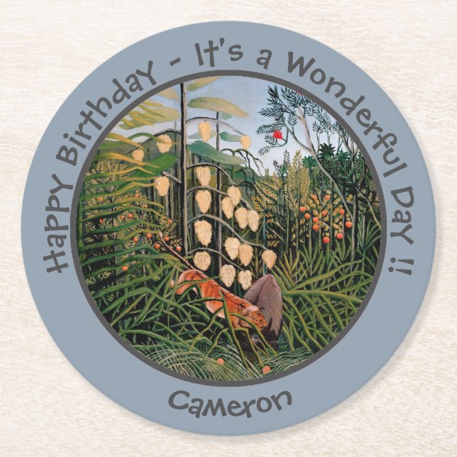 Porta-copo De Papel Redondo Coleção de Itens do Partido Henri Rousseau Tiger & (Frente)