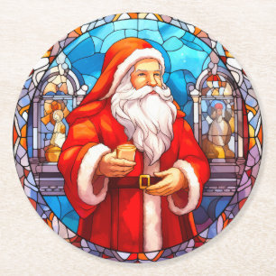 Porta-copo De Papel Redondo Colorido Papai Noel de Natal em Vidro Pintado