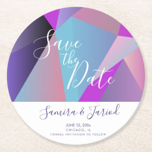 Porta-copo De Papel Redondo Colorido Roxo Save the Date em Blocos de Cor 