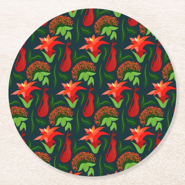 Porta-copo De Papel Redondo Colourful Exotic Flowers Leaves Pattern-23187 (Frente)