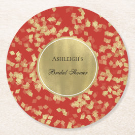 Porta-copo De Papel Redondo Confete Glamouroso Dourado Vermelho para Chá de No