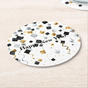Porta-copo De Papel Redondo Confetes Feliz Ano Novo Preto Dourado