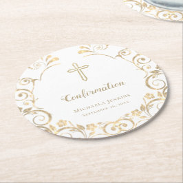 Porta-copo De Papel Redondo Confirmação Dourada Elegante de Cruz Branca