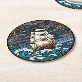 Porta-copo De Papel Redondo Copo para Navio Antigo, Mar Tempestuoso, Náutico
