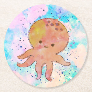 Porta-copo De Papel Redondo Cor de Água do Cartoon de Octopus