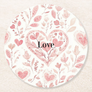 Porta-copo De Papel Redondo Corações Cor-de-Rosa Amor Floral