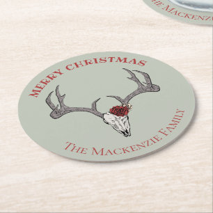 Porta-copo De Papel Redondo Country Merry Xmas Deer Reindeer Skull Antlers