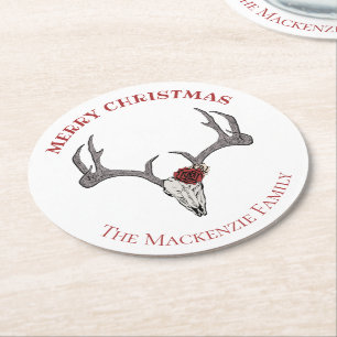 Porta-copo De Papel Redondo Country Merry Xmas Deer Reindeer Skull Antlers