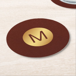 Porta-copo De Papel Redondo Couro Vermelho Faux Elegante e Monograma Dourado I
