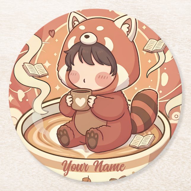Porta-copo De Papel Redondo Cozy Red Panda Brew Absorbent Coaster Set (Frente)