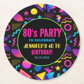 Porta-copo De Papel Redondo Custom Retro Neon 80’s Birthday – Fun Adult 