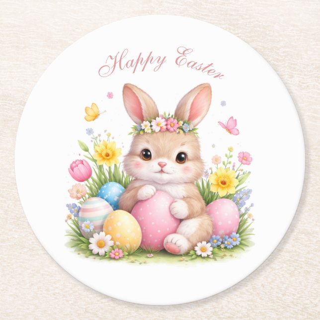 Porta-copo De Papel Redondo Cute Easter Bunny Rabbit Pink Blush Peony (Frente)