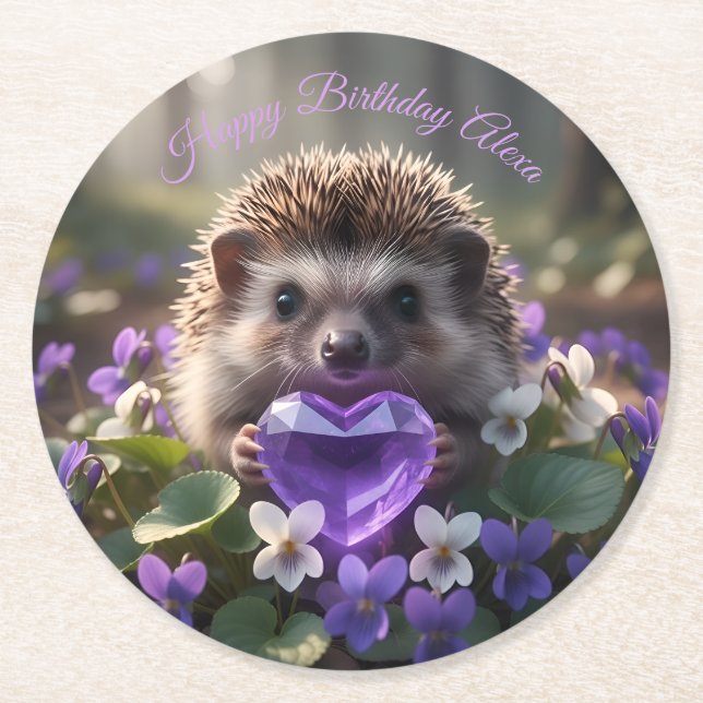 Porta-copo De Papel Redondo Cute February Hedgehog with Amethyst Heart (Frente)