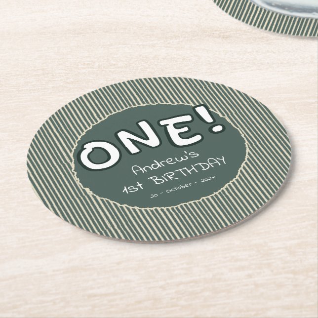 Porta-copo De Papel Redondo Dark Green Stripes 1st Birthday (Angulado)
