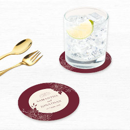 Porta-copo De Papel Redondo Deep Burgundy and Ivory Floral Line Art Wedding