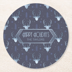 Porta-copo De Papel Redondo Deer Antlers Arrows Padrão de Natal Blue ID861