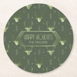 Porta-copo De Papel Redondo Deer Antlers Arrows Padrão de Natal, ID861 Verde