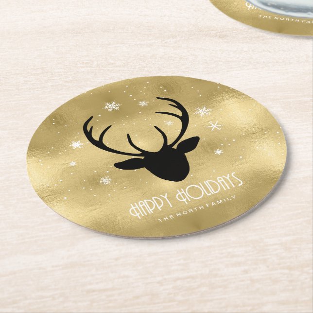 Porta-copo De Papel Redondo Deer Antlers Silhouette & Snowflakes Dourado ID861 (Angulado)