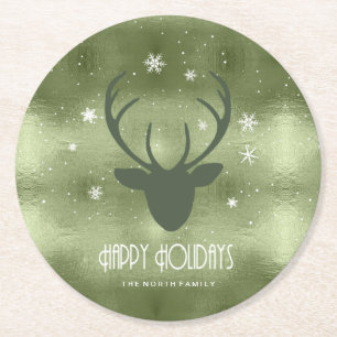 Porta-copo De Papel Redondo Deer Antlers Silhouette & Snowflakes Green ID861