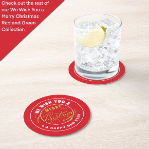 Porta-copo De Papel Redondo Desejamos-lhe um Feliz Natal Vermelho