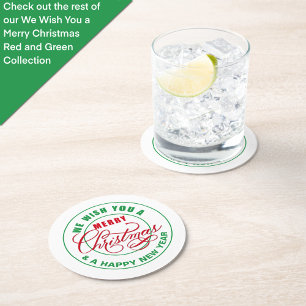 Porta-copo De Papel Redondo Desejamos Um Feliz Natal Vermelho e Verde
