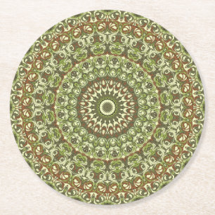 Porta-copo De Papel Redondo Desenho de Padrão de Mandala Terroso em Verde e Ma