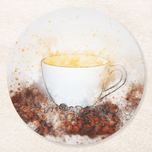 Porta-copo De Papel Redondo Desenho de uma taça quente de café entre grãos de