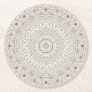 Porta-copo De Papel Redondo Design de Padrão Mandala Bege e Taupe