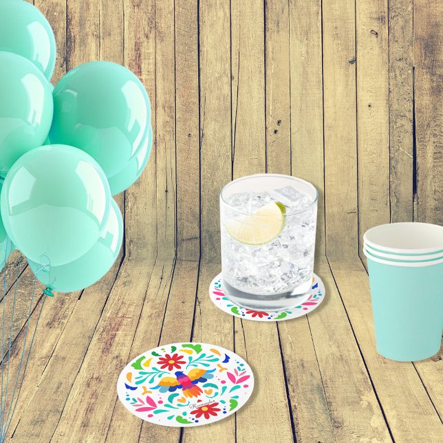 Porta-copo De Papel Redondo Design de pássaro Otomi mexicano (Criador carregado)