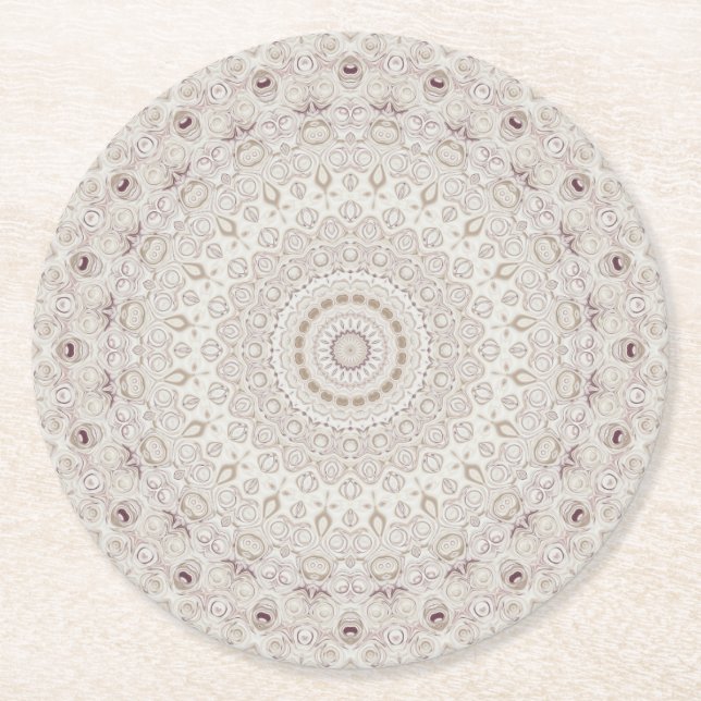 Porta-copo De Papel Redondo Design do padrão Beige e Taupe Mandala (Frente)