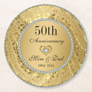 Porta-copo De Papel Redondo Diamantes e damasco Dourado. 50th Aniversário de