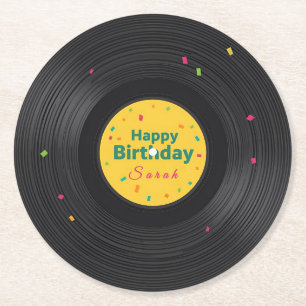 Porta-copo De Papel Redondo Disco de Vinil Personalizado de Feliz Aniversário