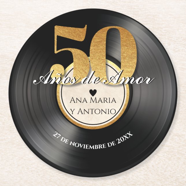 Porta-copo De Papel Redondo Disco de Vinil Retro Espanhol Aniversário de 50 An (Frente)