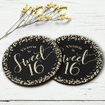 Porta-copo De Papel Redondo Doce 16 Black Dourado Glitter Confetti Chic Birthd<br><div class="desc">"Feliz Doce 16". Celebre seu aniversário com esta porta copos de papel divertida, impressionante, simples e personalizada. Dourada tipografia de script brilho e cobertura de confetti. Personalize o texto personalizado com o nome da sua filha. Escolha entre várias formas. Vendido como um conjunto de 6. Excelente para a vanguarda, que...</div>