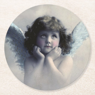 Porta-copo De Papel Redondo Doce Anjo Vintage de Bochechas Rosadas nas Nuvens