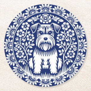 Porta-copo De Papel Redondo Doce Terrier Puppy Blue e White Vintage Floral